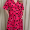 CurveWow Wrap Midi Dress Bright Pink Leopard