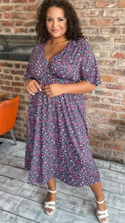 CurveWow Wrap Midi Dress Black Multi Floral