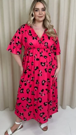 CurveWow Wrap Midi Dress Bright Pink Leopard