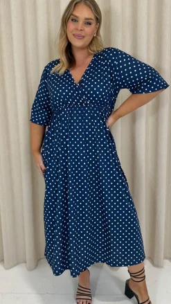 CurveWow Wrap Midi Dress Navy Spot