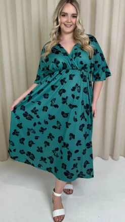 CurveWow Wrap Midi Dress Green Leopard