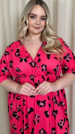 CurveWow Wrap Midi Dress Bright Pink Leopard