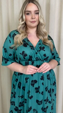 CurveWow Wrap Midi Dress Green Leopard