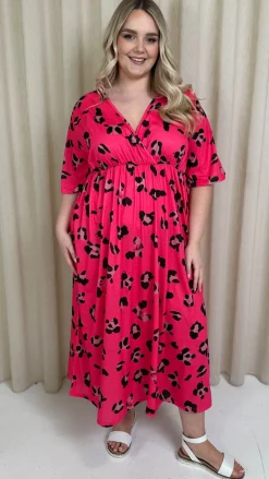 CurveWow Wrap Midi Dress Bright Pink Leopard