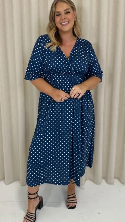 CurveWow Wrap Midi Dress Navy Spot
