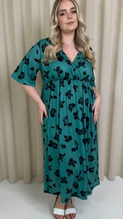 CurveWow Wrap Midi Dress Green Leopard