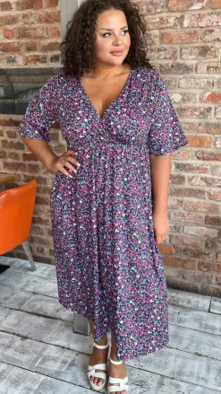 CurveWow Wrap Midi Dress Black Multi Floral