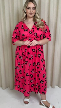 CurveWow Wrap Midi Dress Bright Pink Leopard