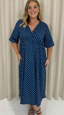 CurveWow Wrap Midi Dress Navy Spot