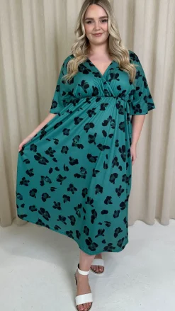 CurveWow Wrap Midi Dress Green Leopard