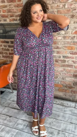 CurveWow Wrap Midi Dress Black Multi Floral