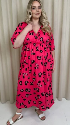 CurveWow Wrap Midi Dress Bright Pink Leopard