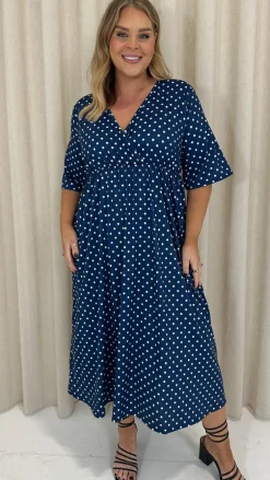 CurveWow Wrap Midi Dress Navy Spot