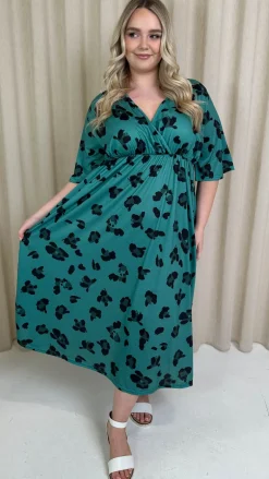CurveWow Wrap Midi Dress Green Leopard