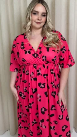 CurveWow Wrap Midi Dress Bright Pink Leopard