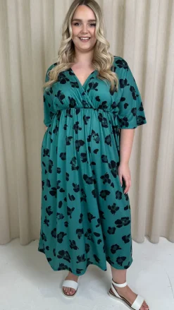 CurveWow Wrap Midi Dress Green Leopard