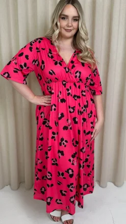 CurveWow Wrap Midi Dress Bright Pink Leopard