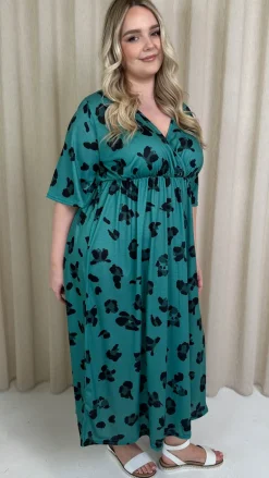 CurveWow Wrap Midi Dress Green Leopard