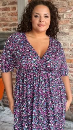 CurveWow Wrap Midi Dress Black Multi Floral