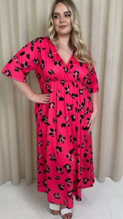 CurveWow Wrap Midi Dress Bright Pink Leopard
