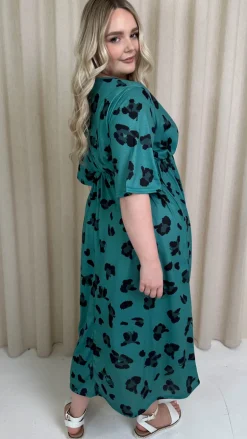 CurveWow Wrap Midi Dress Green Leopard