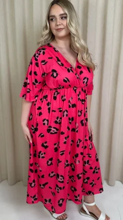 CurveWow Wrap Midi Dress Bright Pink Leopard