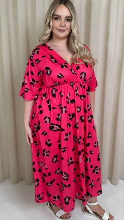 CurveWow Wrap Midi Dress Bright Pink Leopard
