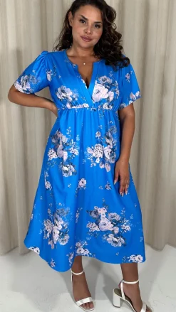 CurveWow Wrap Notch Neck Midi Dress Blue Floral