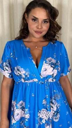 CurveWow Wrap Notch Neck Midi Dress Blue Floral