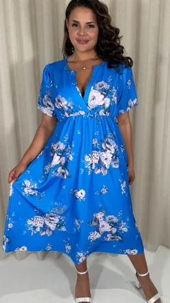 CurveWow Wrap Notch Neck Midi Dress Blue Floral