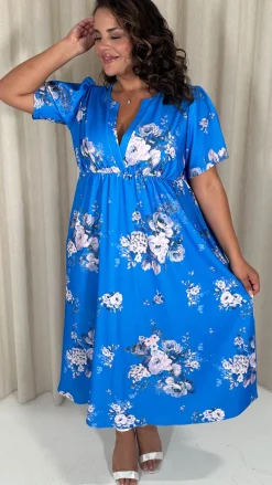 CurveWow Wrap Notch Neck Midi Dress Blue Floral