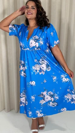 CurveWow Wrap Notch Neck Midi Dress Blue Floral