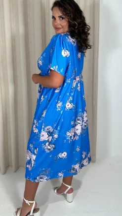 CurveWow Wrap Notch Neck Midi Dress Blue Floral