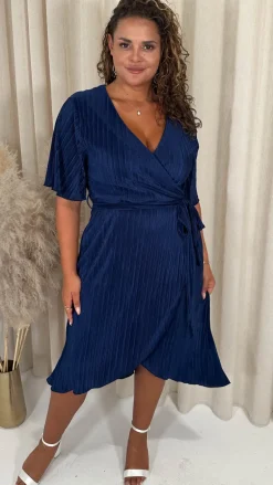 CurveWow Wrap Plisse Dress Navy