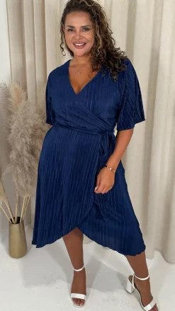 CurveWow Wrap Plisse Dress Navy
