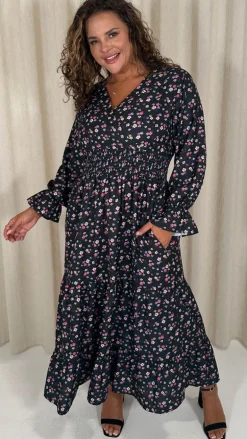 CurveWow Wrap Shirred Waist Printed Midi Dress Black Ditsy