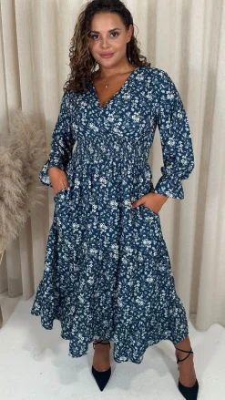 CurveWow Wrap Shirred Waist Printed Dress Navy Floral