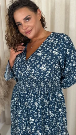 CurveWow Wrap Shirred Waist Printed Dress Navy Floral