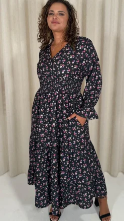 CurveWow Wrap Shirred Waist Printed Midi Dress Black Ditsy