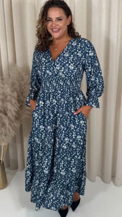 CurveWow Wrap Shirred Waist Printed Dress Navy Floral