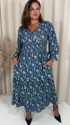 CurveWow Wrap Shirred Waist Printed Dress Navy Floral