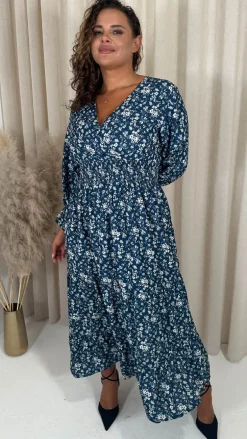 CurveWow Wrap Shirred Waist Printed Dress Navy Floral