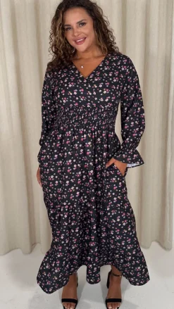 CurveWow Wrap Shirred Waist Printed Midi Dress Black Ditsy