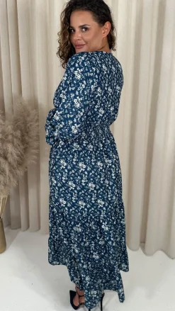 CurveWow Wrap Shirred Waist Printed Dress Navy Floral