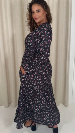 CurveWow Wrap Shirred Waist Printed Midi Dress Black Ditsy