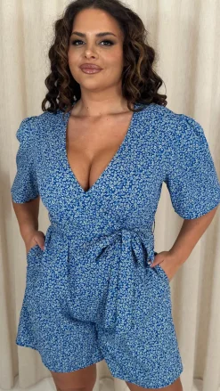 CurveWow Wrap Tie Waist Playsuit Blue