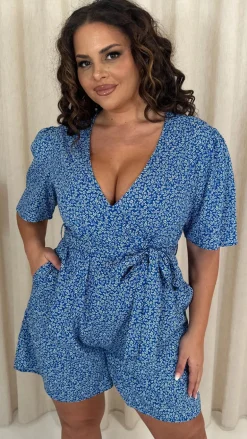 CurveWow Wrap Tie Waist Playsuit Blue