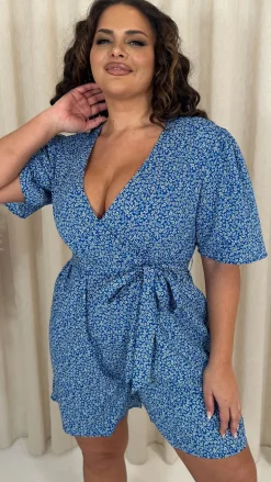 CurveWow Wrap Tie Waist Playsuit Blue