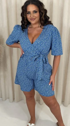 CurveWow Wrap Tie Waist Playsuit Blue