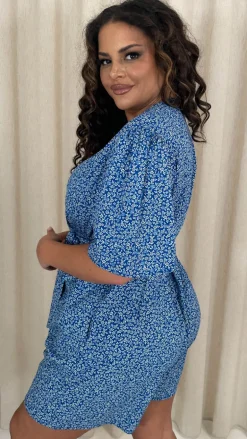 CurveWow Wrap Tie Waist Playsuit Blue
